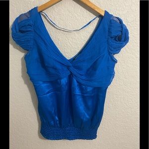BEBE Solid Blue Silk Crinkle Top Medium